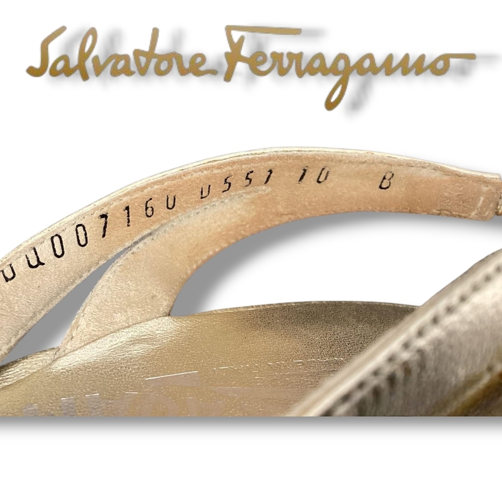 Salvatore FERRAGAMO Gold Kitten Heel Women's Leather Metallic Slingback Sandals - Picture 11 of 11